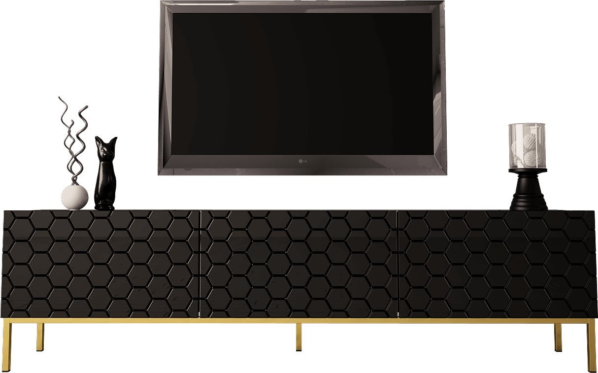 MEGSTYL SZAFKA RTV 190CM NA ZŁOTYCH NÓŻKACH - HEXA 1 Czarny mat - Czarny połysk