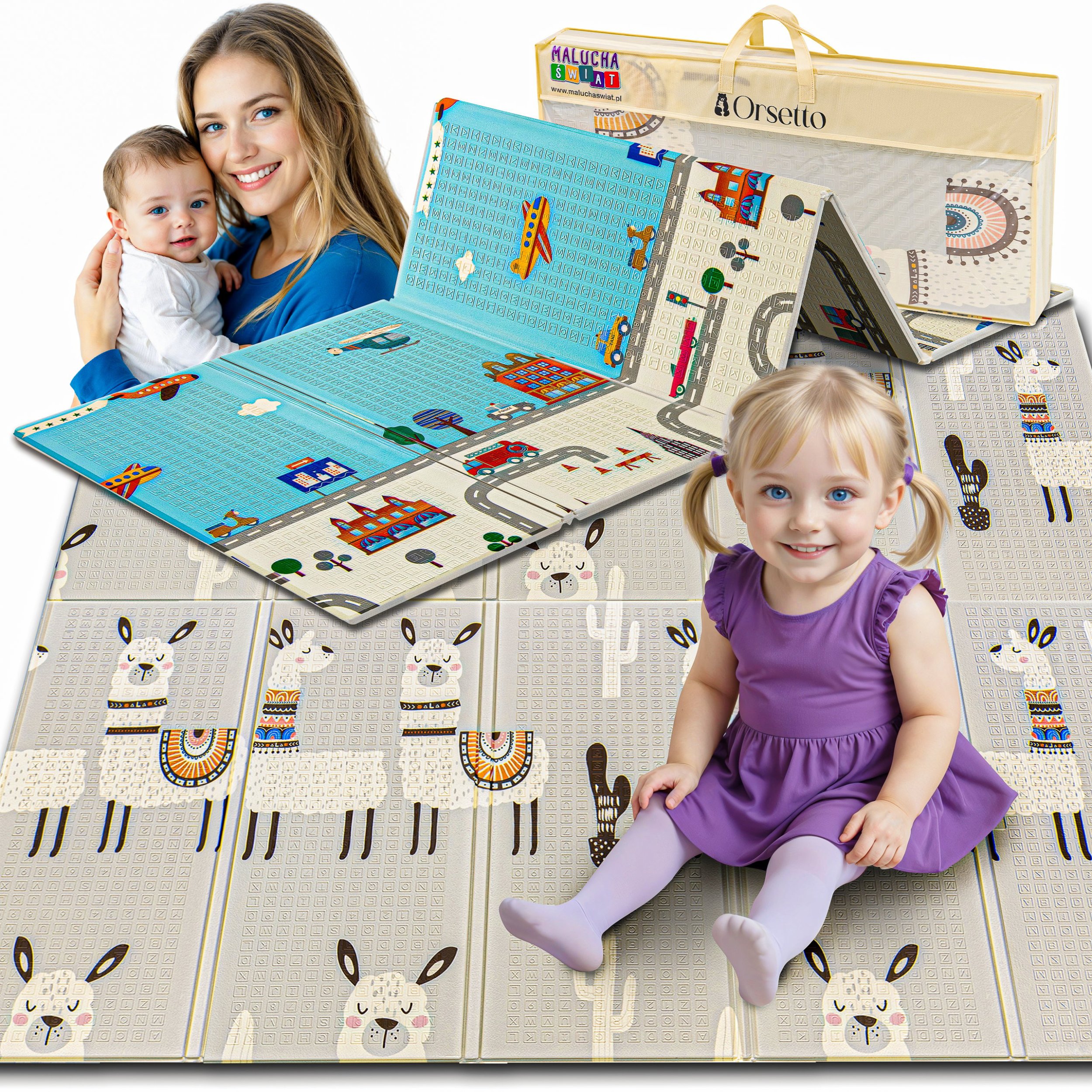 MATA PIANKOWA EDUKACYJNA SKŁADANA DLA DZIECI DUŻA LAMY DROGA 180x200