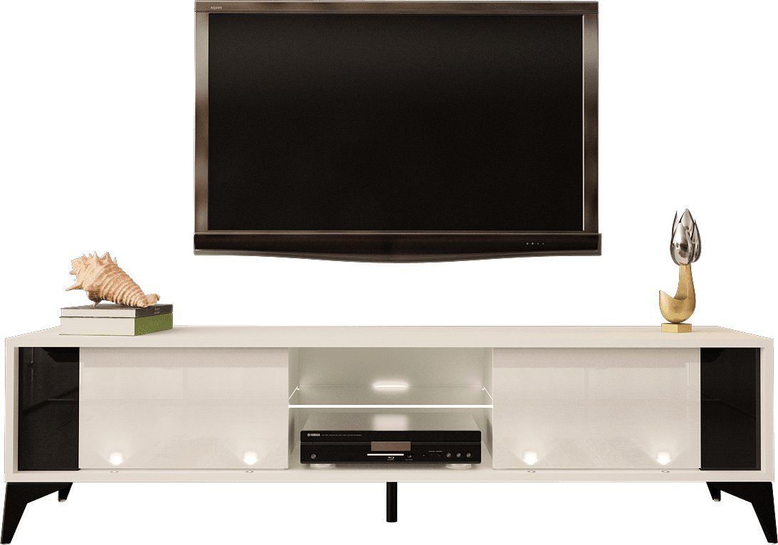 MEGSTYL SZAFKA RTV 161CM Z CZARNĄ WSTAWKĄ I NÓŻKAMI - EVEL 2 biały mat - biały połysk