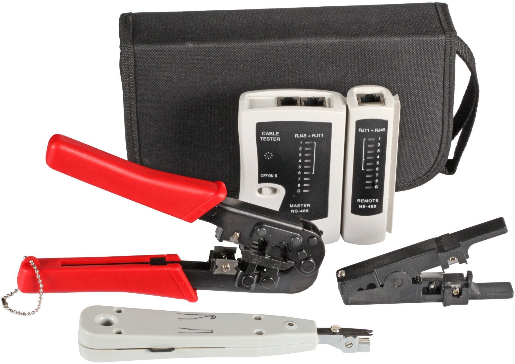 EFB Zestaw narzędziowy 4-częściowy składający się z testera LAN, szczypiec do zaciskania, narzędzia do podłączania LSA, noża do kabli i torby