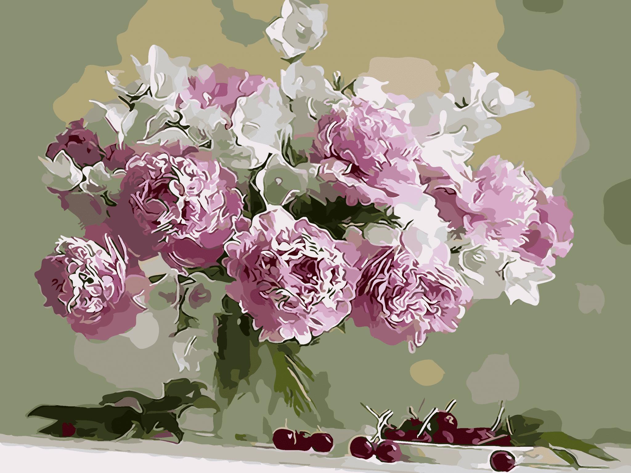 Malowanie po numerach - Peonie i czereśnie