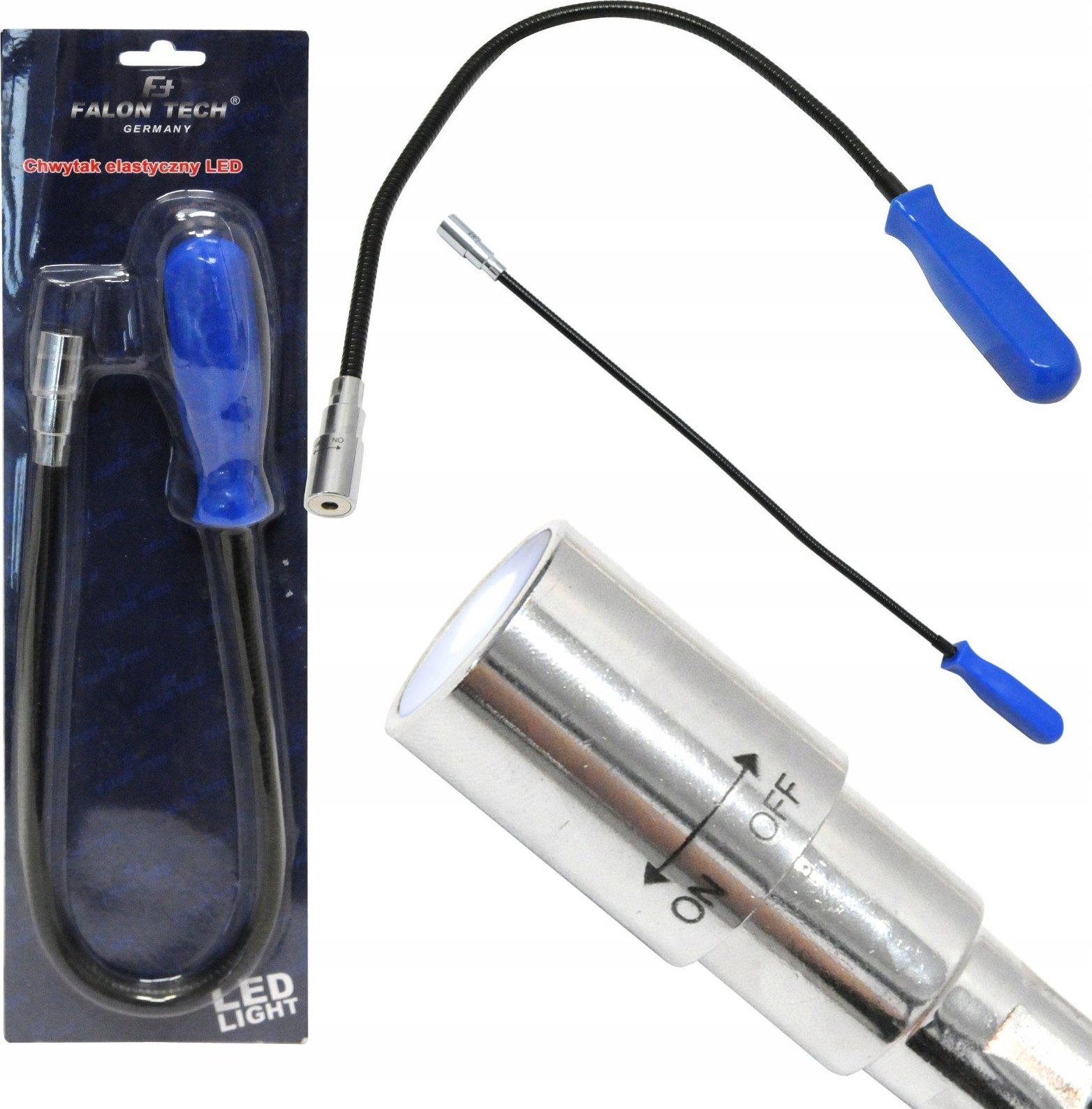 Falon-Tech CHWYTAK MAGNETYCZNY ELASTYCZNY z LATARKĄ LED 57cm