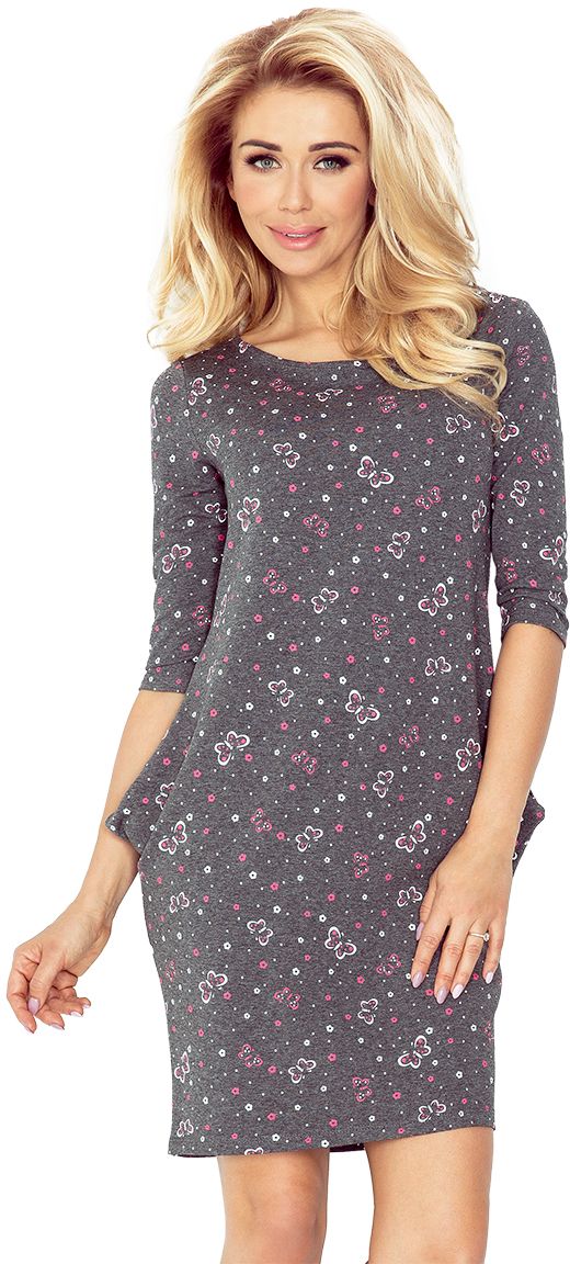 numoco Sukienka z kieszeniami Jola 40-12 grafitowa w różowe motylki r. XL
