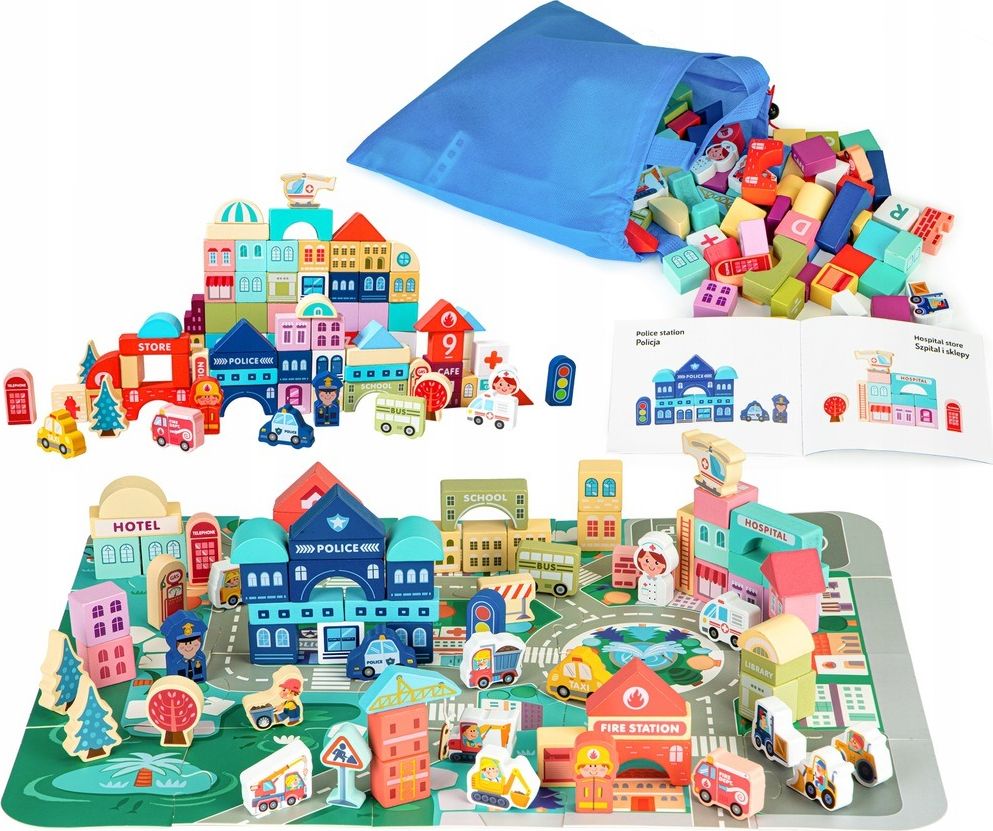 Ecotoys Drewniane klocki edukacyjne miasto mata 121 szt