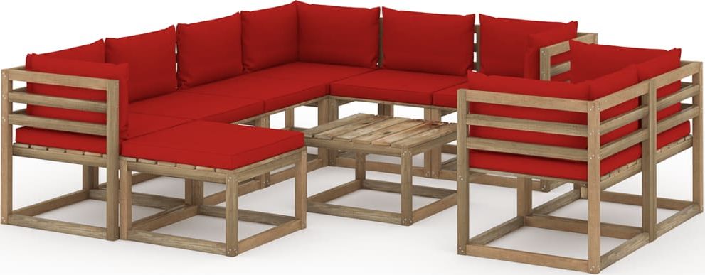 vidaXL 10-cz. zestaw wypoczynkowy do ogrodu, z poduszkami, czerwony