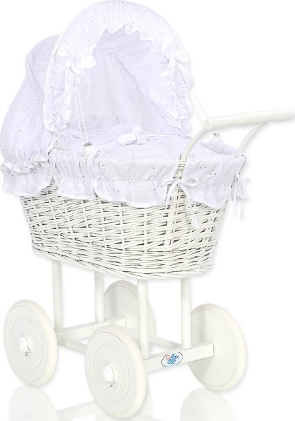 Wiklinowy wózek dla lalek wysoki z białą haftowaną pościelką i wyściółką- biały