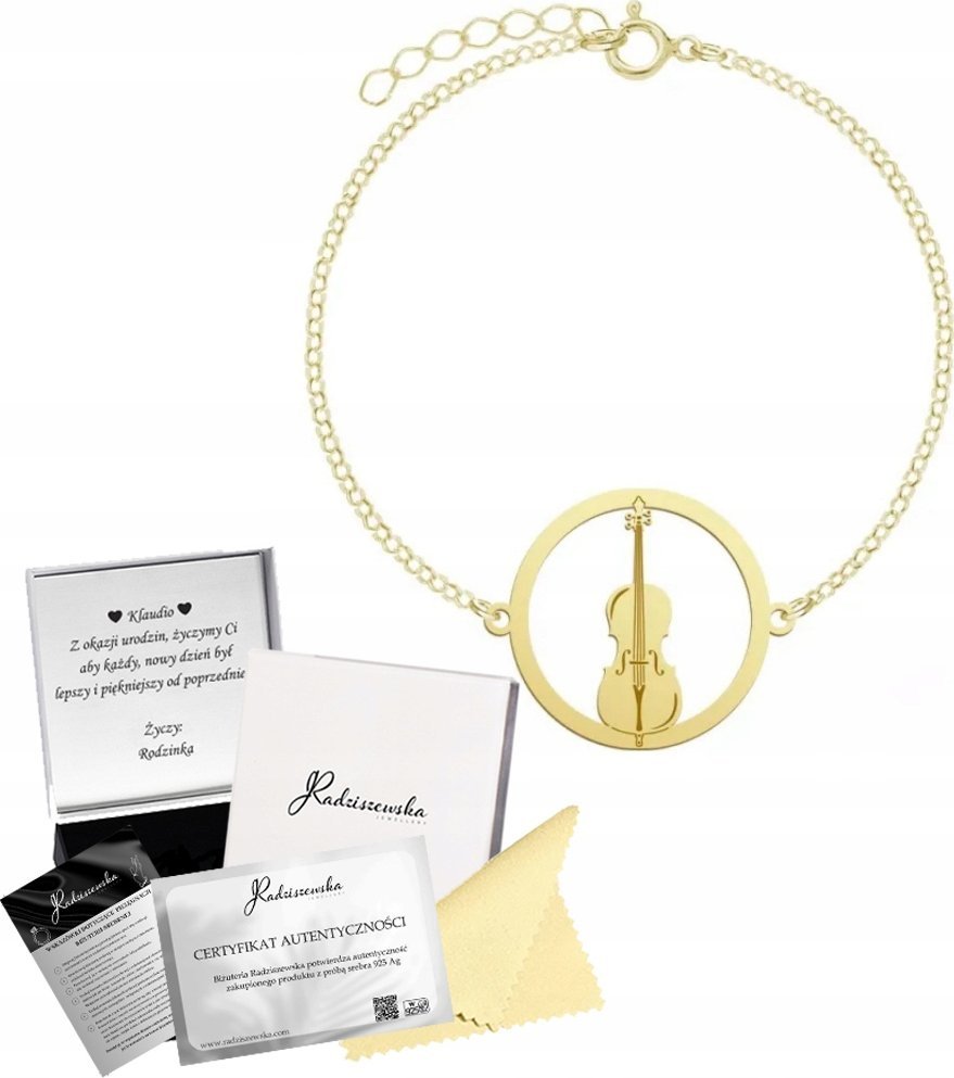Radziszewska Jewellery Bransoletka Złota z Wiolonczelą Łańcuszek Srebro 925 Prezent Kobieta GRAWER