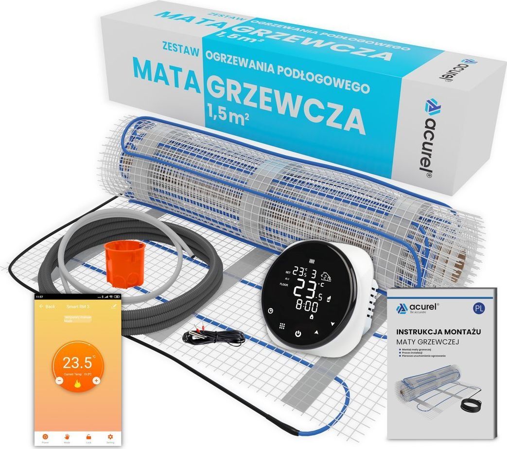 Acurel Dotykowy termostat regulator sterownik WiFi 16A + mata grzewcza 1,5m2 + akcesoria