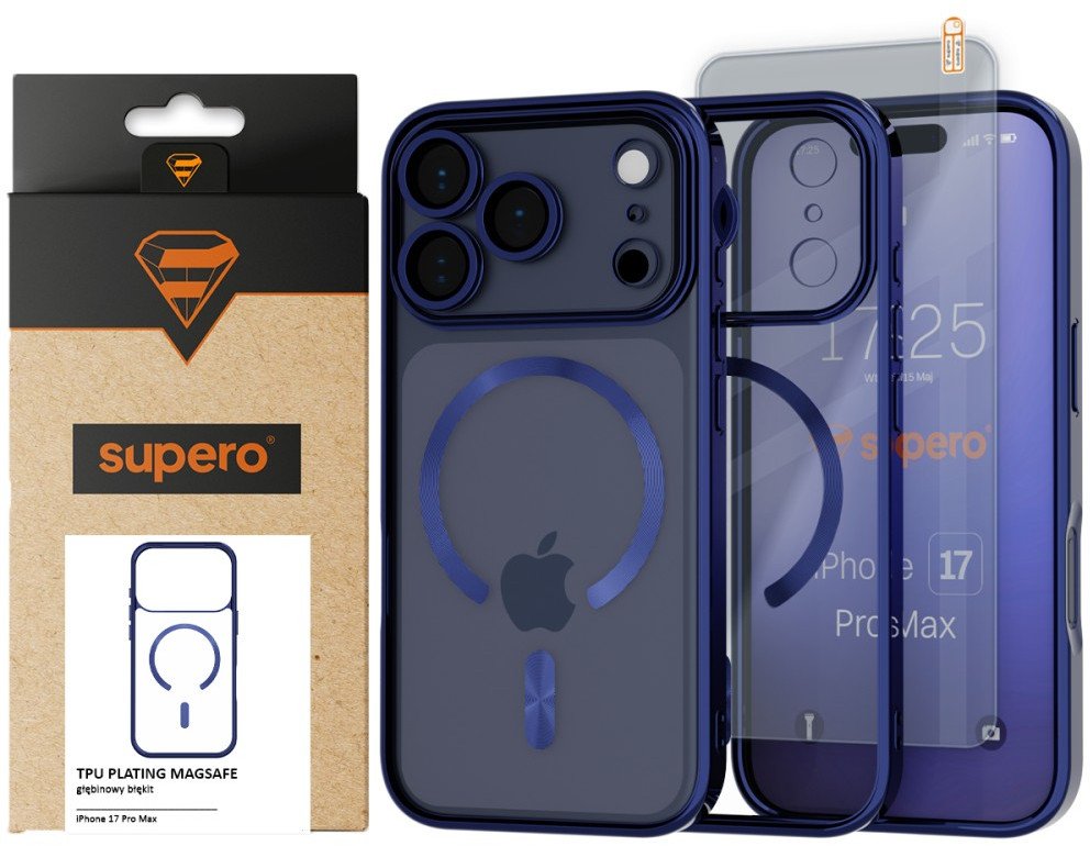 Etui Supero Tpuplating MagSafe do iPhone 17 Pro Max, niebiesko-przezroczyste + szkło
