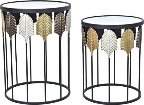 DKD Home Decor Komplet 2 Stolików DKD Home Decor Lustro Czarny Metal Wielokolorowy Nowoczesny Liść roślin (46 x 46 x 61 cm) (2 pcs)