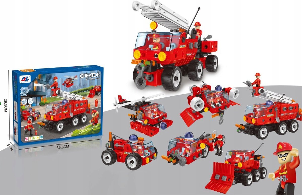 Klocki Konstrukcyjne STRAŻ POŻARNA 159 El. Pojazdy Ratunkowe, Ciężarówka, Helikopter, Auto Do Rozkręcania I Skręcania 7w1