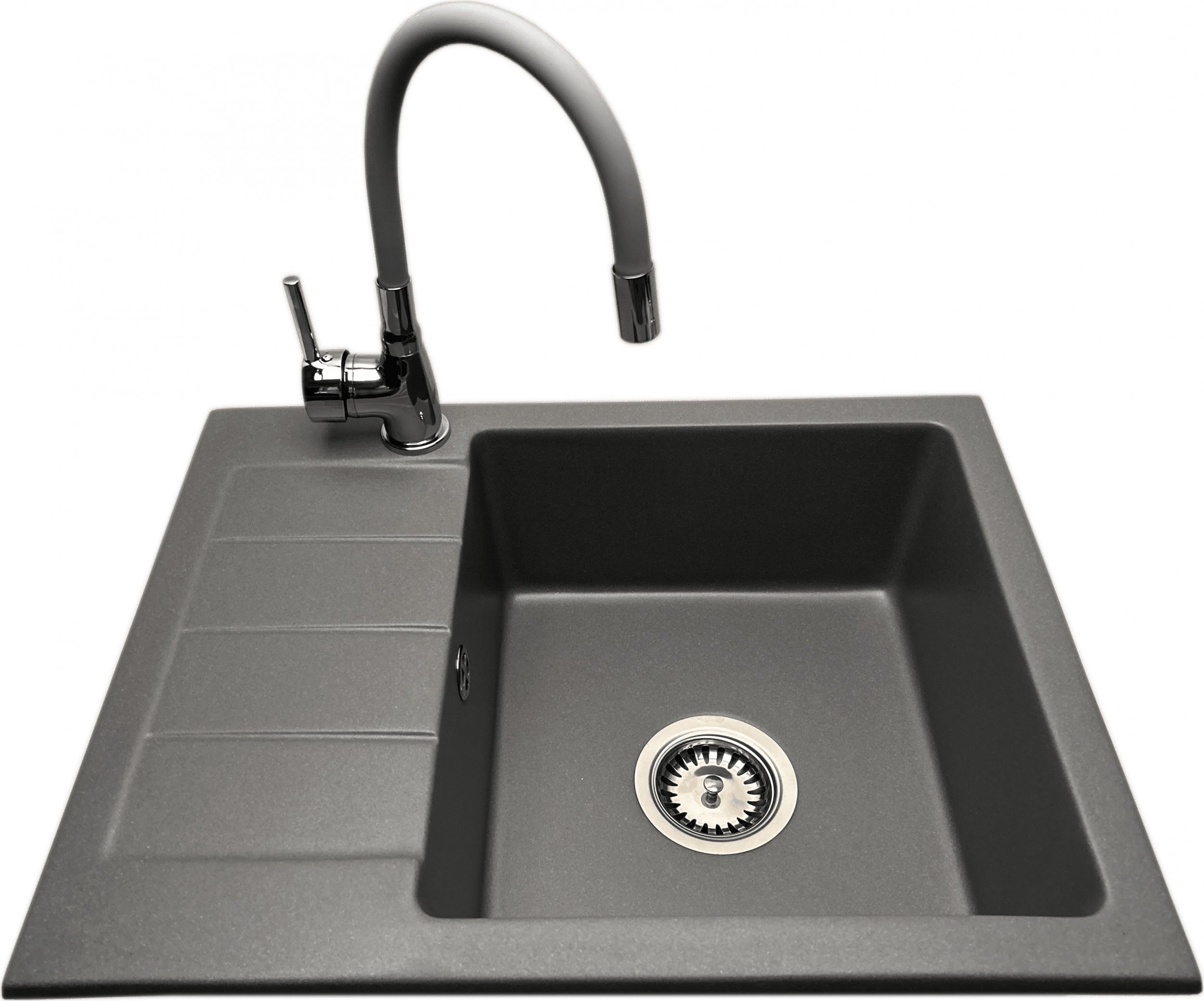 Zlewozmywak PREHNIT Zlewozmywak jednokomorowy z ociekaczem ADAL szary z lewym ociekaczem + bateria flex LAVO