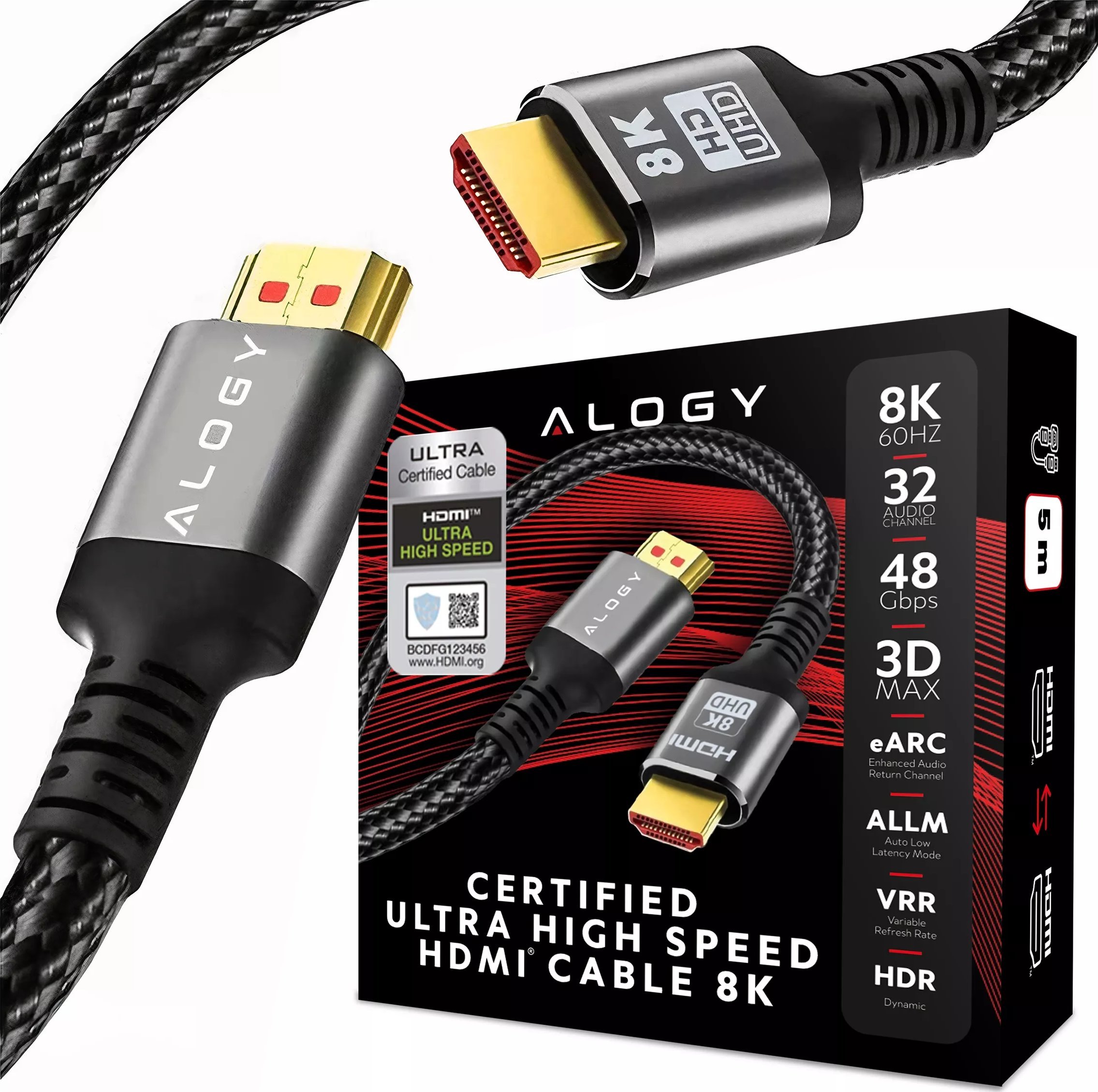 Kabel HDMI 2.1 Alogy 5m 4K 8K PREMIUM MIEDŹ ULTRA High Speed 60Hz 48GBps Czarny