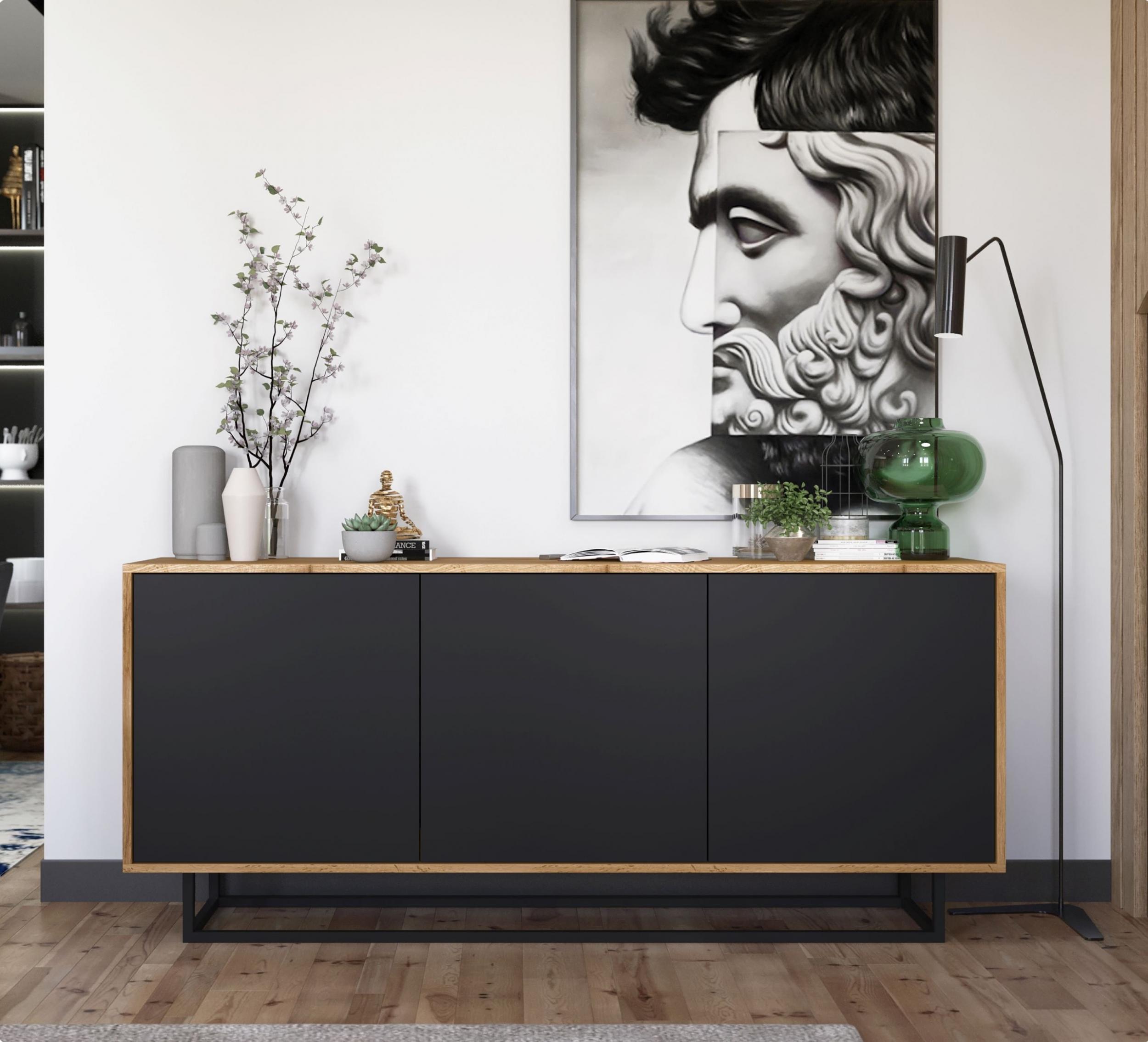 Meble Lindner Komoda RTV Loft Industrialna szafka RTV Loft Dąb wotan czarny MAT 168 cm