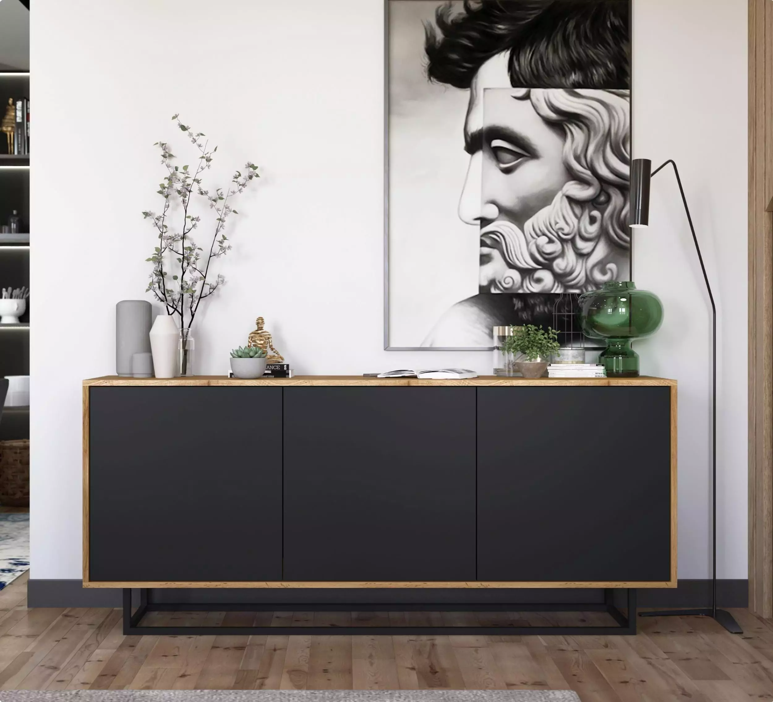 Meble Lindner Komoda RTV Loft Industrialna szafka RTV Loft Dąb wotan czarny MAT 168 cm