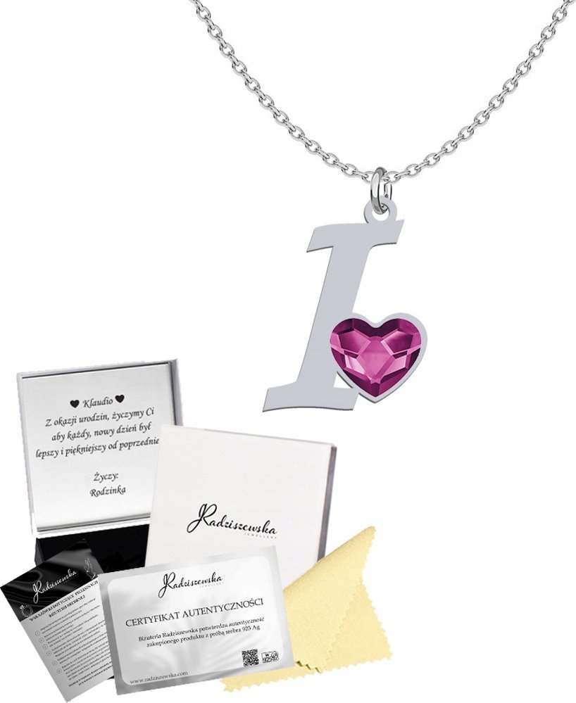 Radziszewska Jewellery NASZYJNIK SREBRNY Z LITERKĄ I SERCE KRYSZTAŁ ŁAŃCUSZEK PREZENT ŻYCZENIA 925