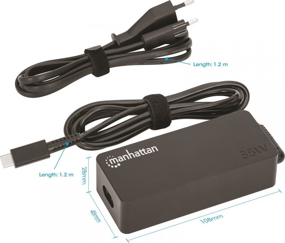 Zasilacz Manhattan Manhattan Zasilacz do Laptopa USB-C 65W Power Delivery 3.0 Ładowarka