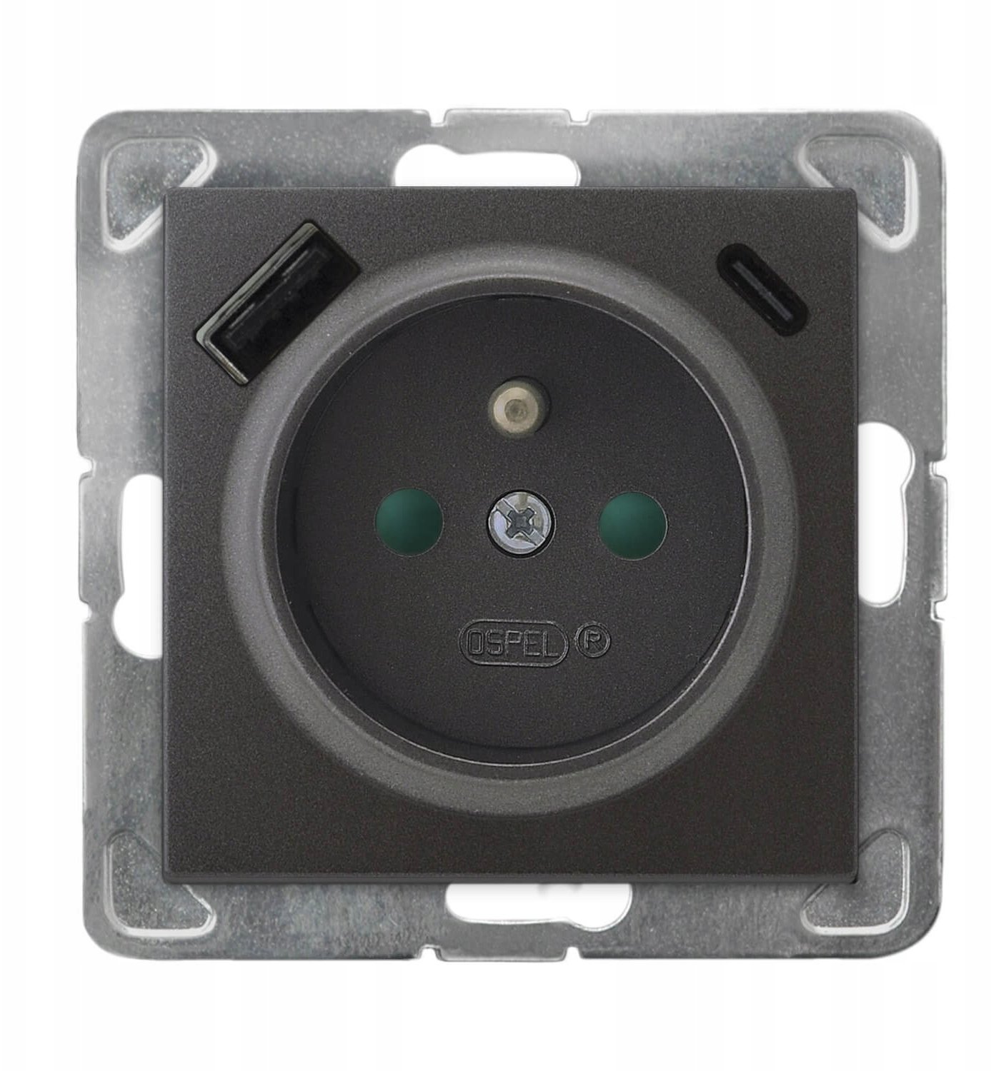 Ospel Gniazdo pojedyncze z uziemieniem z przesłonami torów prądowych, z ładowarką USB A+C antracyt GP-1YZPUSBAC/m/50
