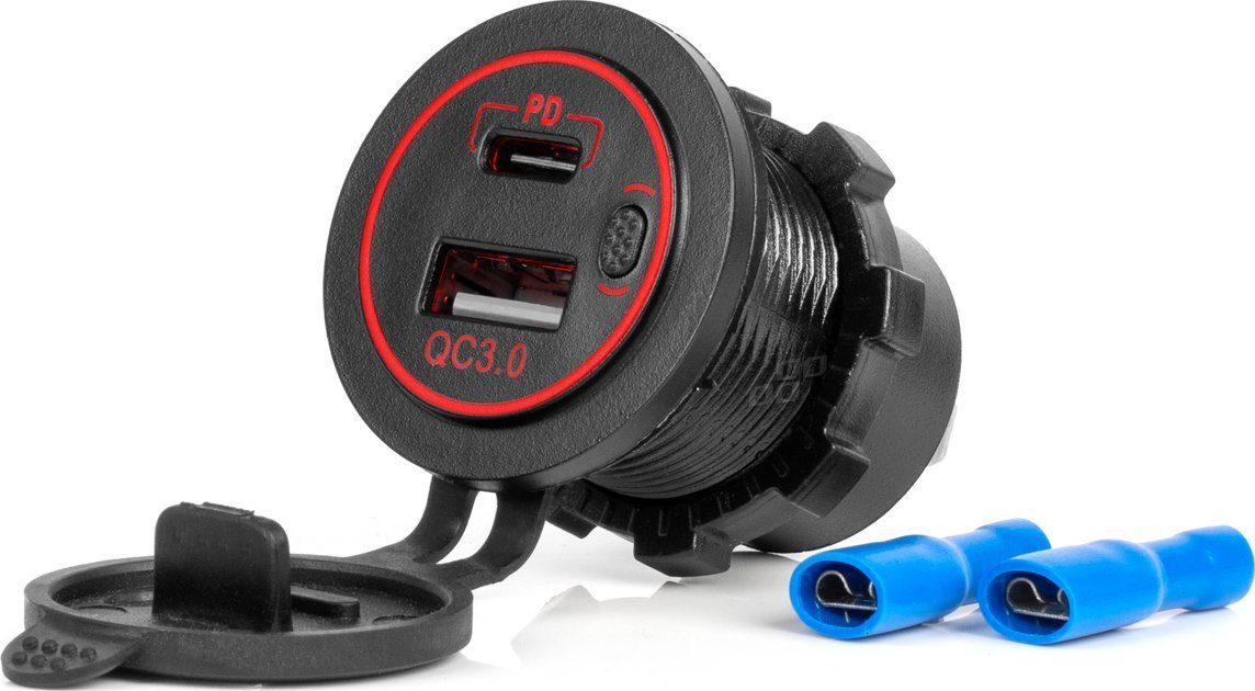 Ładowarka AMiO Ładowarka samochodowa z gniazdami usb wodoodporna usb + usb-c qc3.0 12v 24v amio-04221