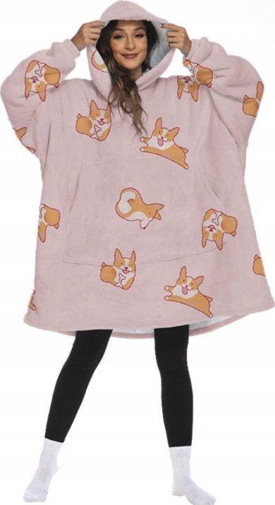 Bluza pluszowa z kapturem różowa comfy koc oversize pieski corgi