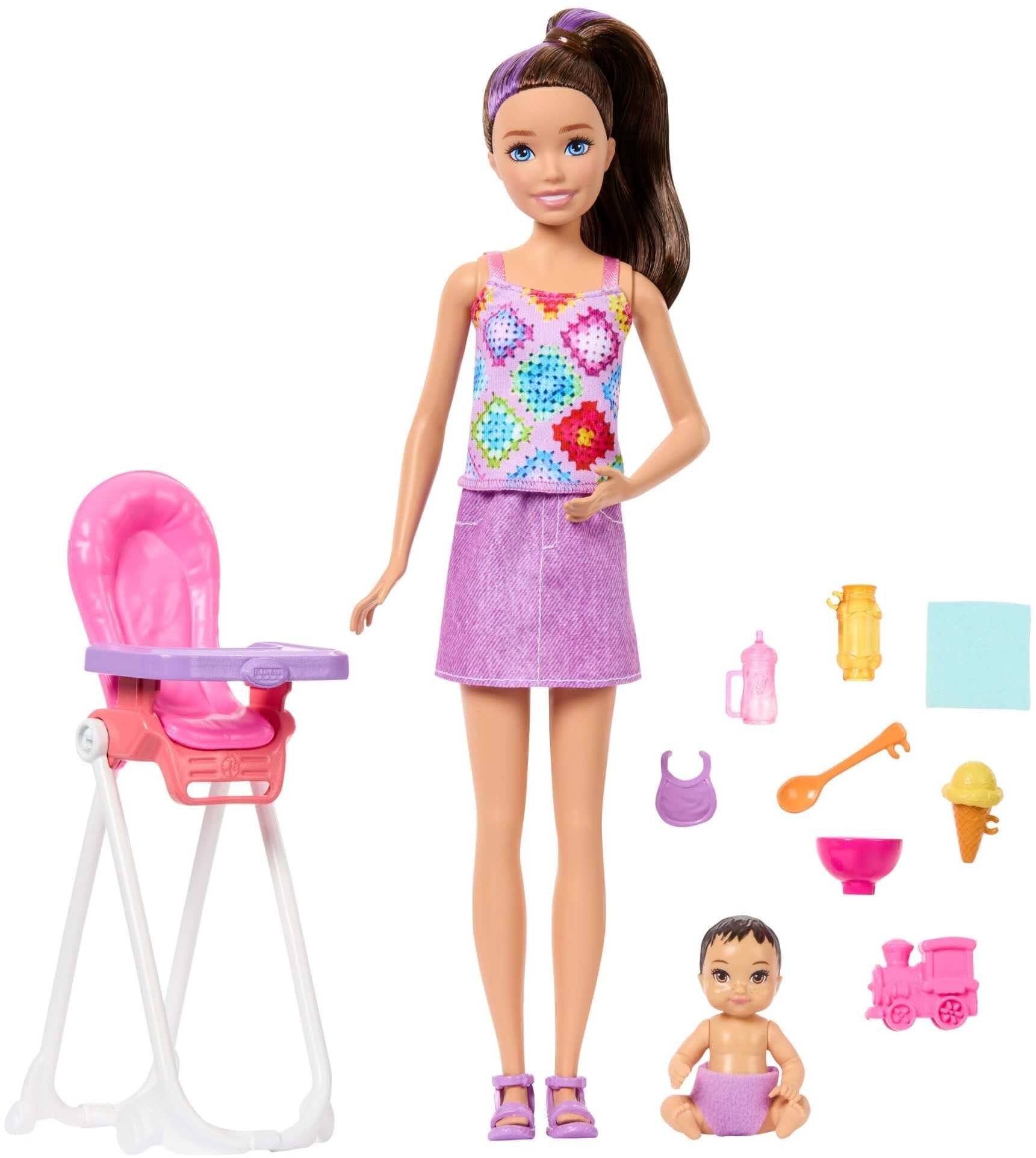 Lalka Barbie Mattel Skipper: Klub opiekunek - zestaw z bobasem i krzesełkiem do karmienia (JJB44)