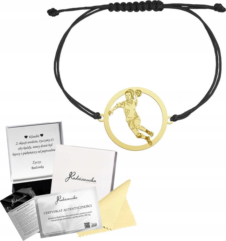 Radziszewska Jewellery Bransoletka Złota Piłka Ręczna Kobieta SREBRO 925 Sznurek GRAWER GRATIS