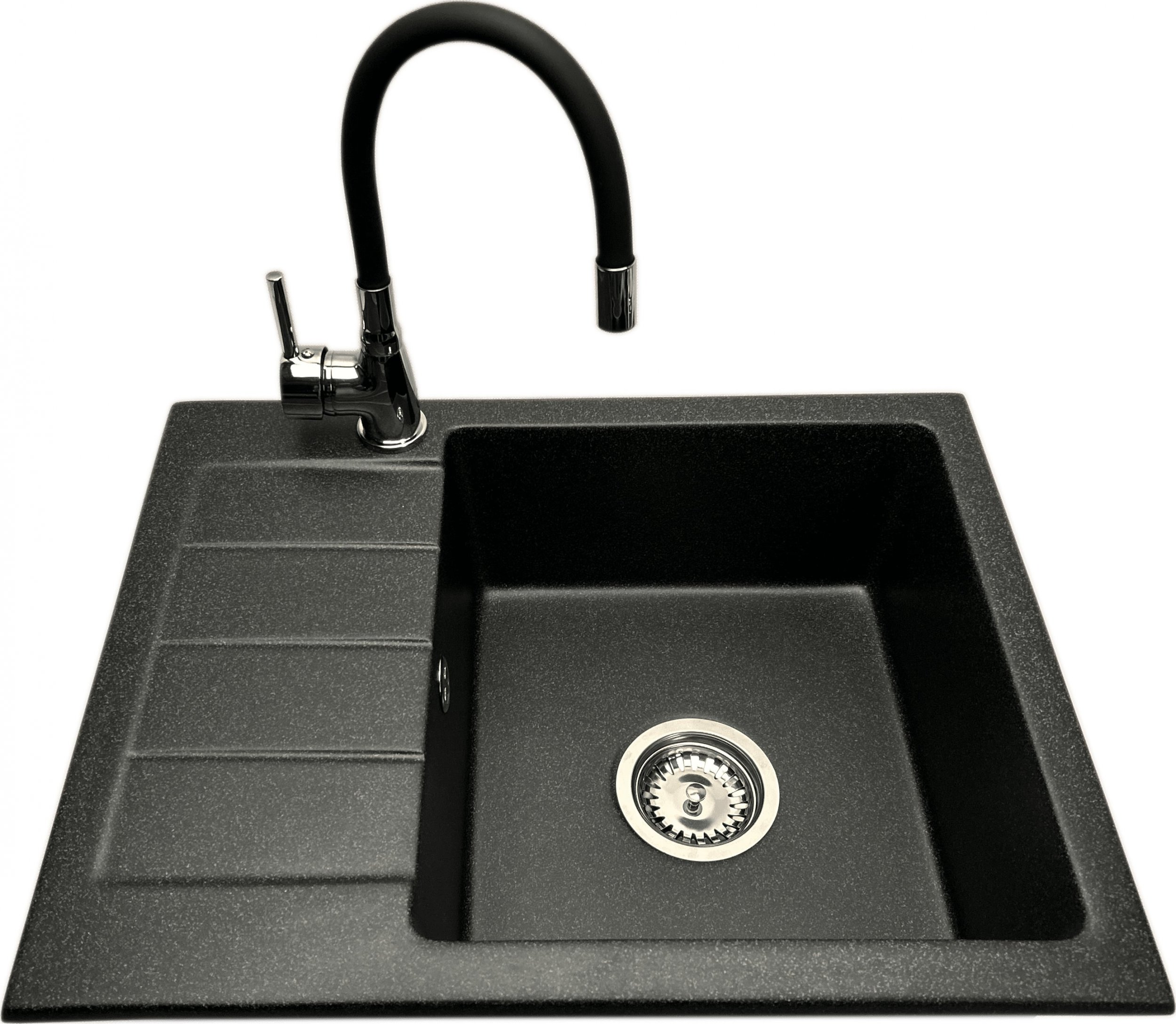 Zlewozmywak PREHNIT Zlewozmywak jednokomorowy z ociekaczem ADAL grafit z lewym ociekaczem + bateria flex LAVO