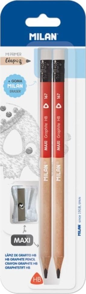 Milan Ołówek maxi HB z gumką 2szt + temperówka maxi