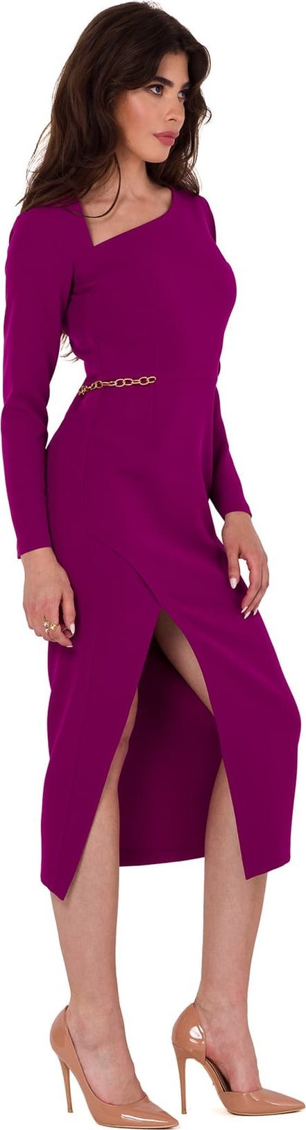 Makover K178 Sukienka z asymetrycznym dekoltem - rubinowa (kolor rubinowy, rozmiar L)