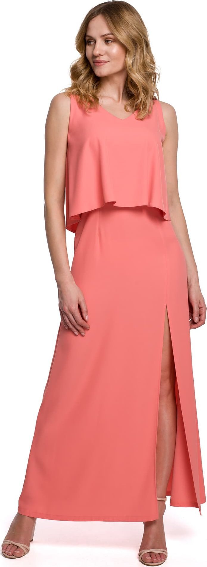 Makover K048 Sukienka maxi z falbaną u góry - pomarańczowa (kolor pomarańcz, rozmiar M)