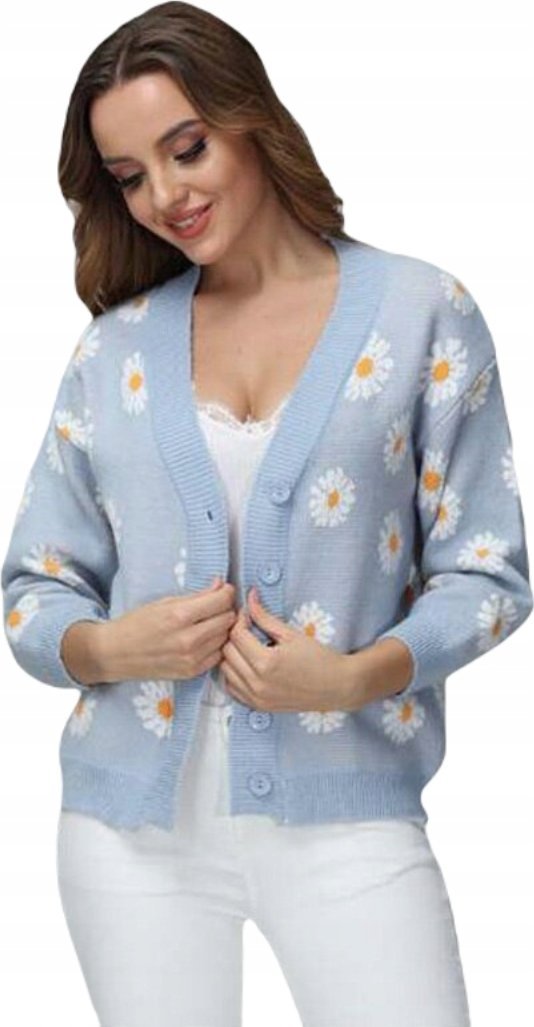 Sweter Damski w Kwiatki z Guzikami Niebieski