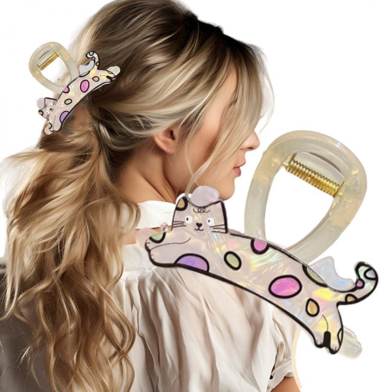 Spinka klamra do włosów XL kot masa perłowa kremowa 8 cm SP368