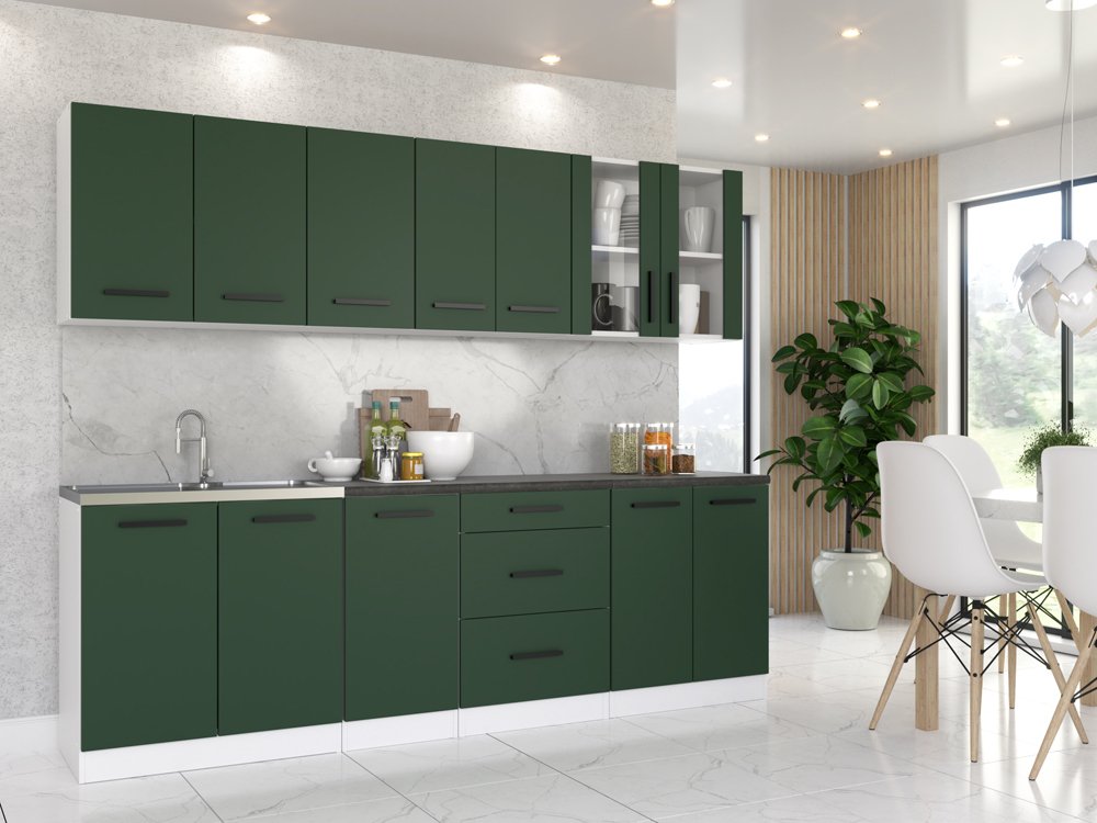 Kuchnia Modułowa Nowoczesna Z Blatem 2.6m Biały Butelkowa Zieleń Szary Mat