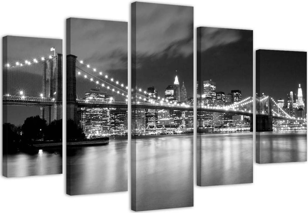 Feeby Obraz pięcioczęściowy na płótnie, Brooklyn Bridge nocą czarno-biały - 150x100