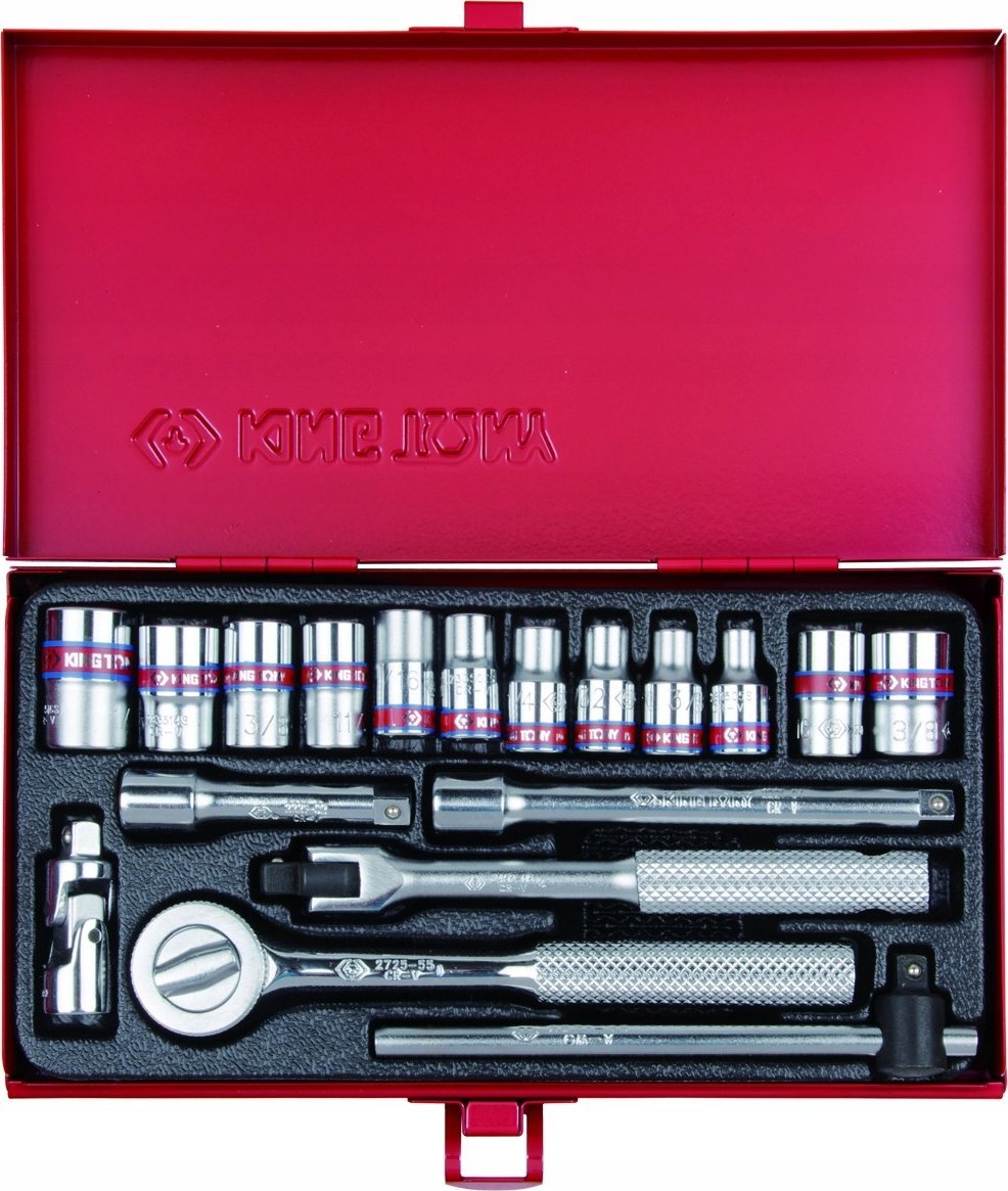 King Tony ZESTAW NASADEK CALOWYCH 1/4" 18cz. KRÓTKIE, 6/8-kąt. 5/32 - 1/2" Z GRZECHOTKĄ I AKCESORIAMI, KASETA King Tony