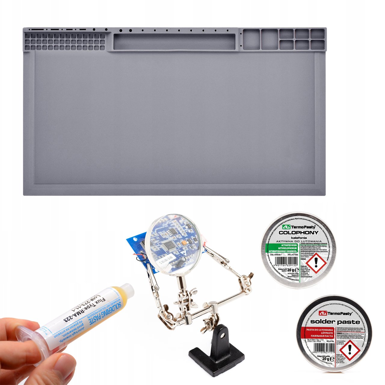 Mata SIlikonowa 38x21cm do Lutowania Antystatyczna + Trzecia Ręka z Lupą Topnik Kalafonia Pasta Lutownicza