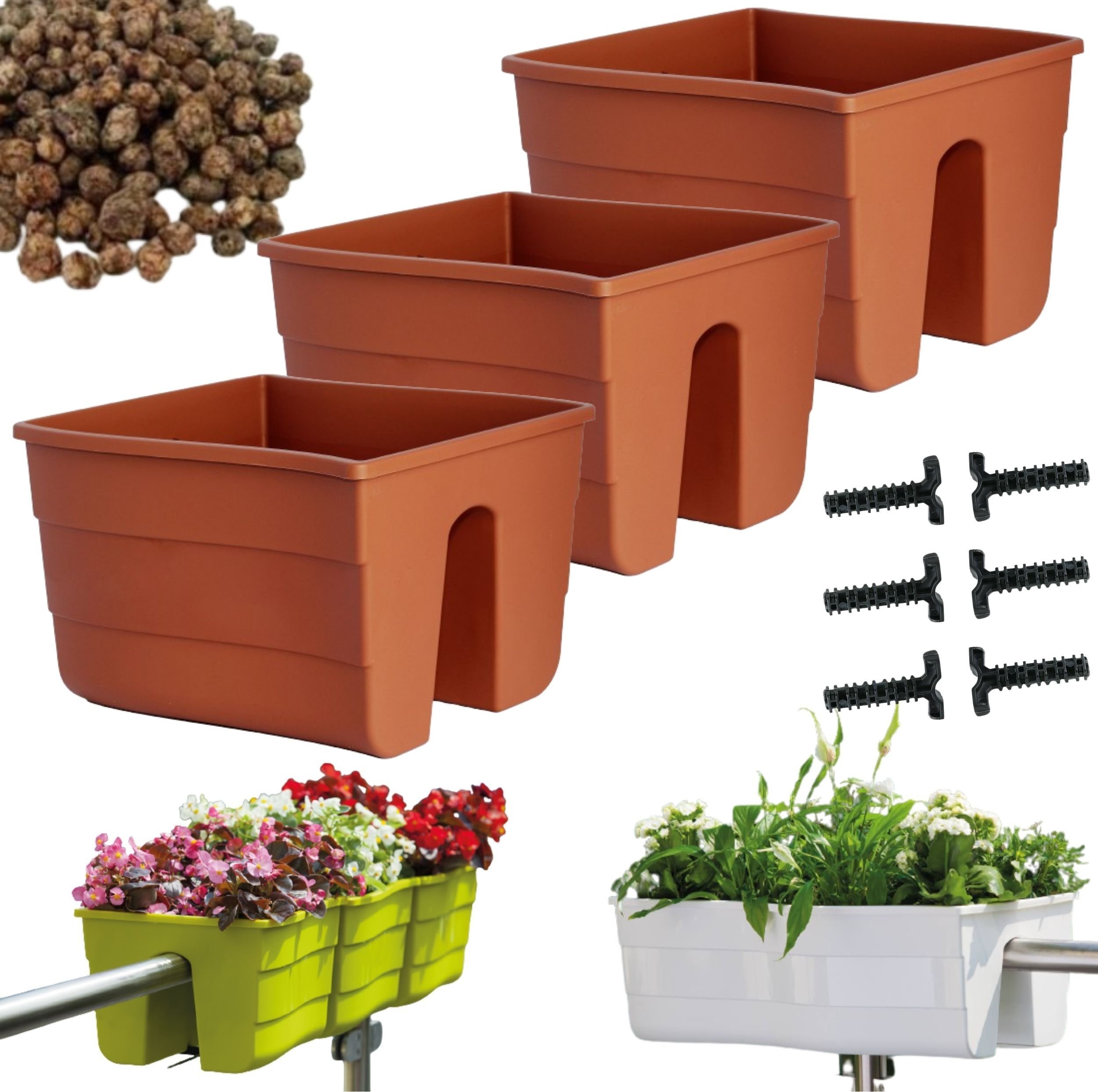 Form-Plastic 3x Skrzynka na balustradę Wave 30, Doniczka balkonowa + keramzyt 5l