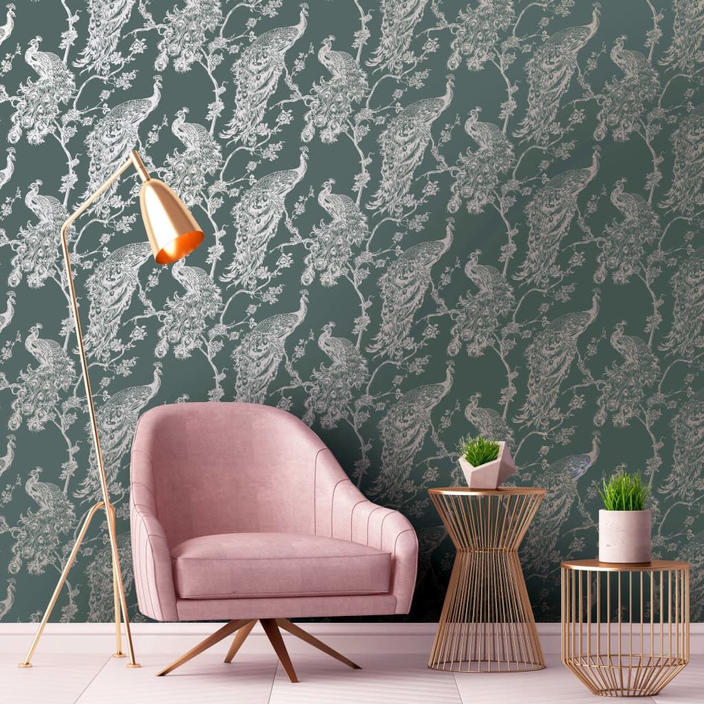 DUTCH WALLCOVERIN DUTCH WALLCOVERINGS Tapeta w pawie, zielono-srebrna