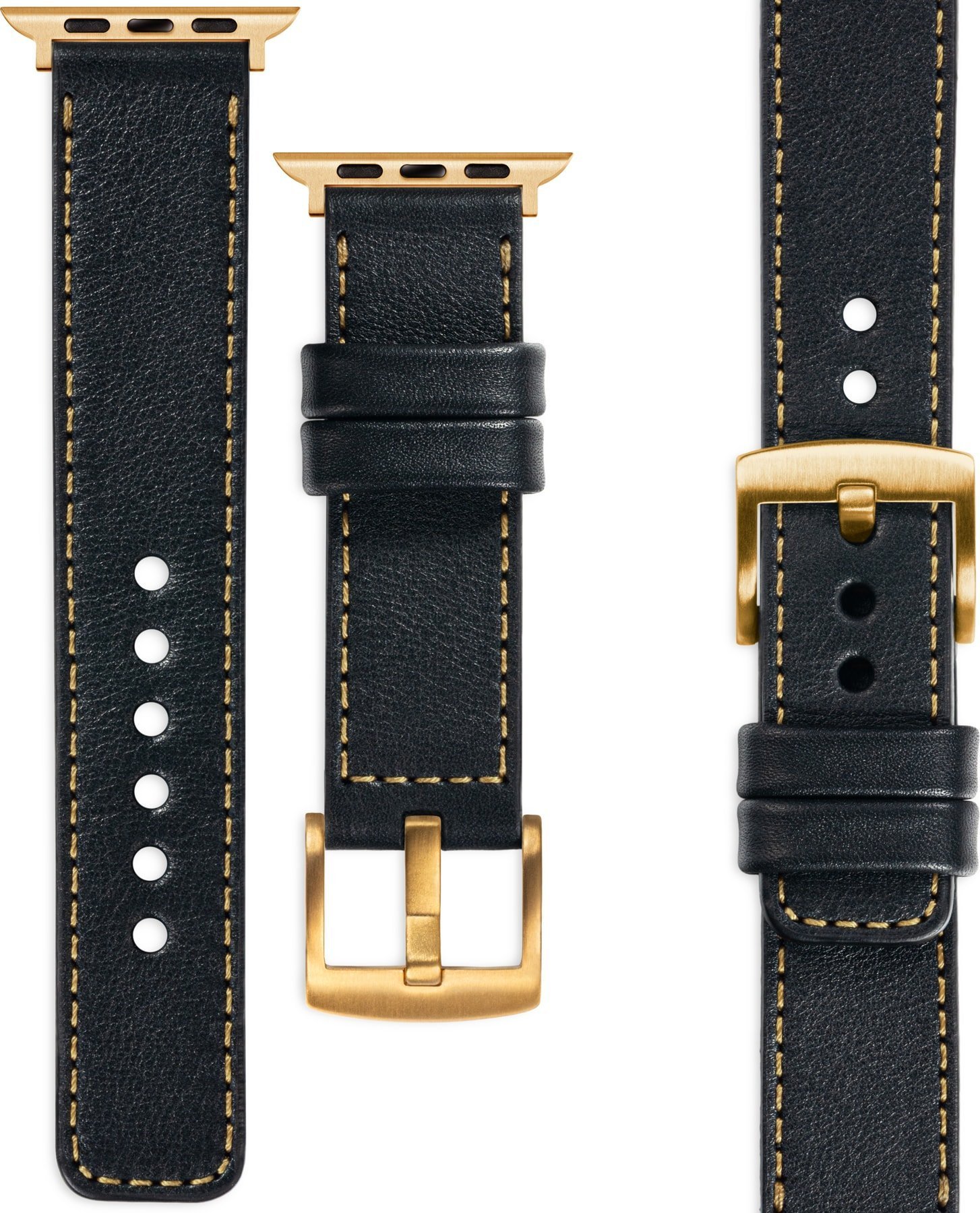 moVear moVear Prestige C1 Skórzany pasek 20mm do Apple Watch 8 / 7 / 6 / 5 / 4 / SE (41/40mm) | Czarny, złote przeszycie [klamra do wyboru] Standard