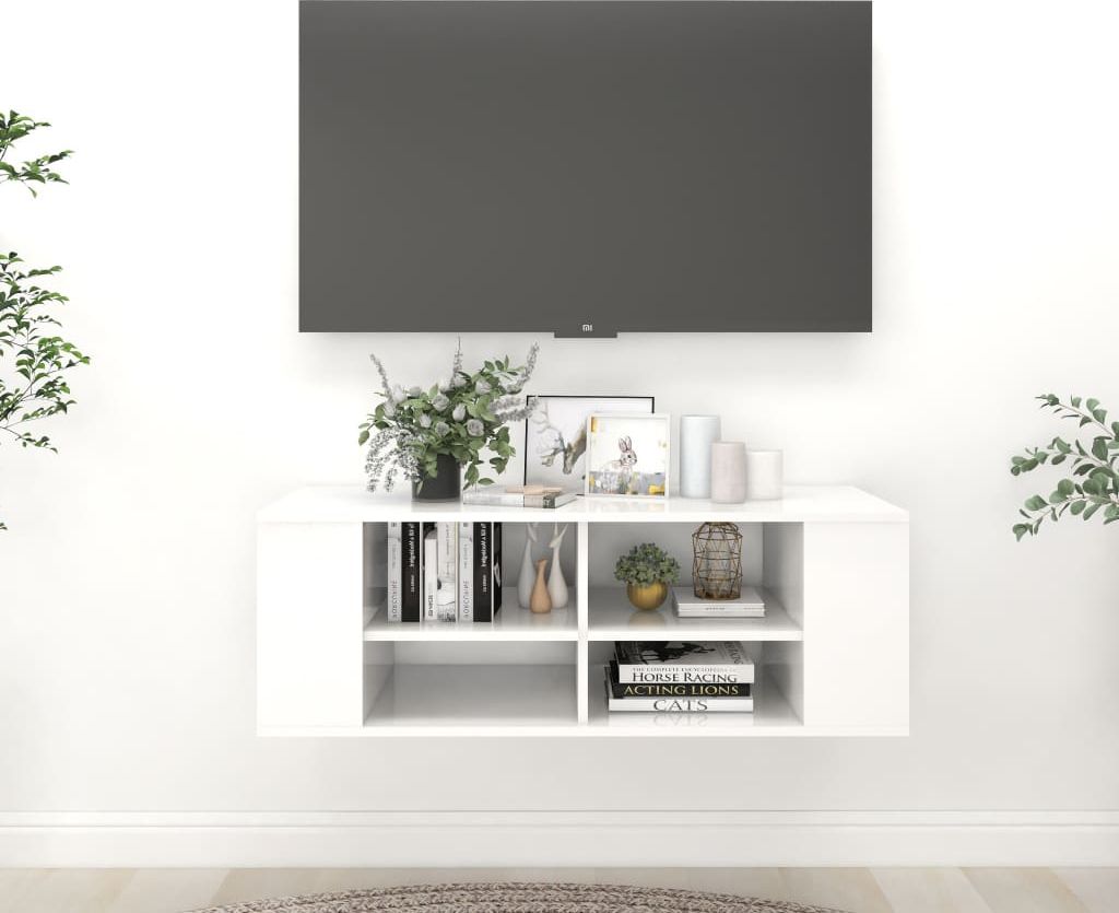 vidaXL Wisząca szafka pod TV, biała, wysoki połysk, 102x35x35 cm