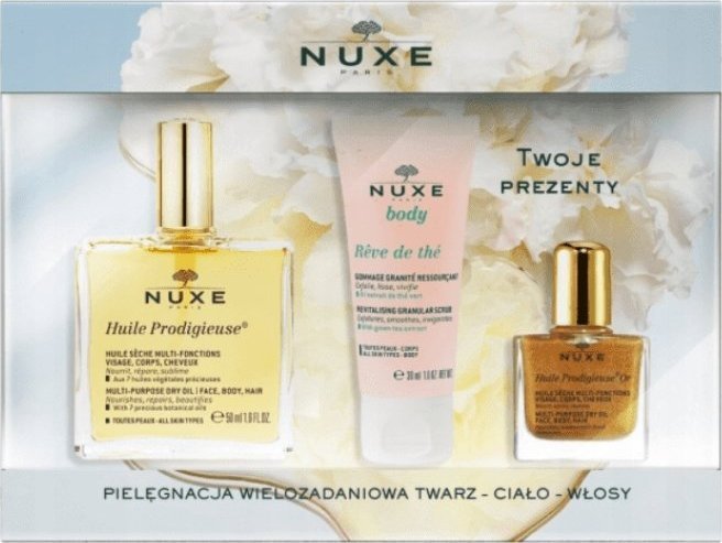 Nuxe Nuxe Zestaw 2022 Huile Prodigieuse 50 ml + Peeling 30 ml + Olejek 10 ml - Długi termin ważności!