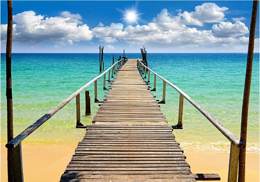 DecoNest Fototapeta - Plaża, słońce, pomost - 250X175