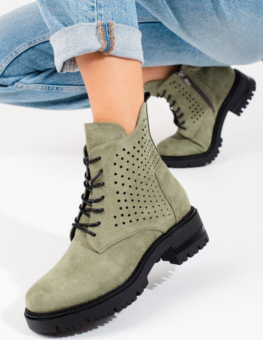 W. Potocki Ażurowe botki workery zamszowe Potocki zielone : Rozmiar - 41