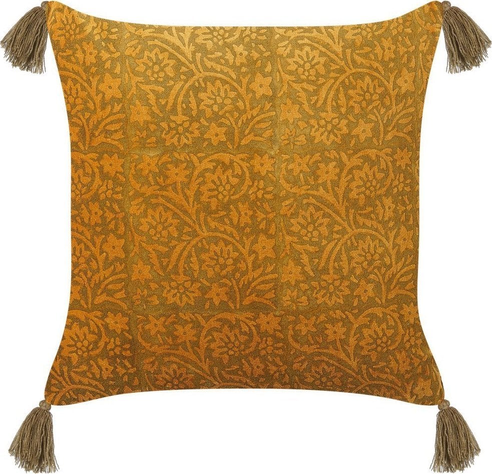 Beliani Welurowa poduszka dekoracyjna z frędzlami wzór w kwiaty 45 x 45 cm żółta RHEUM!