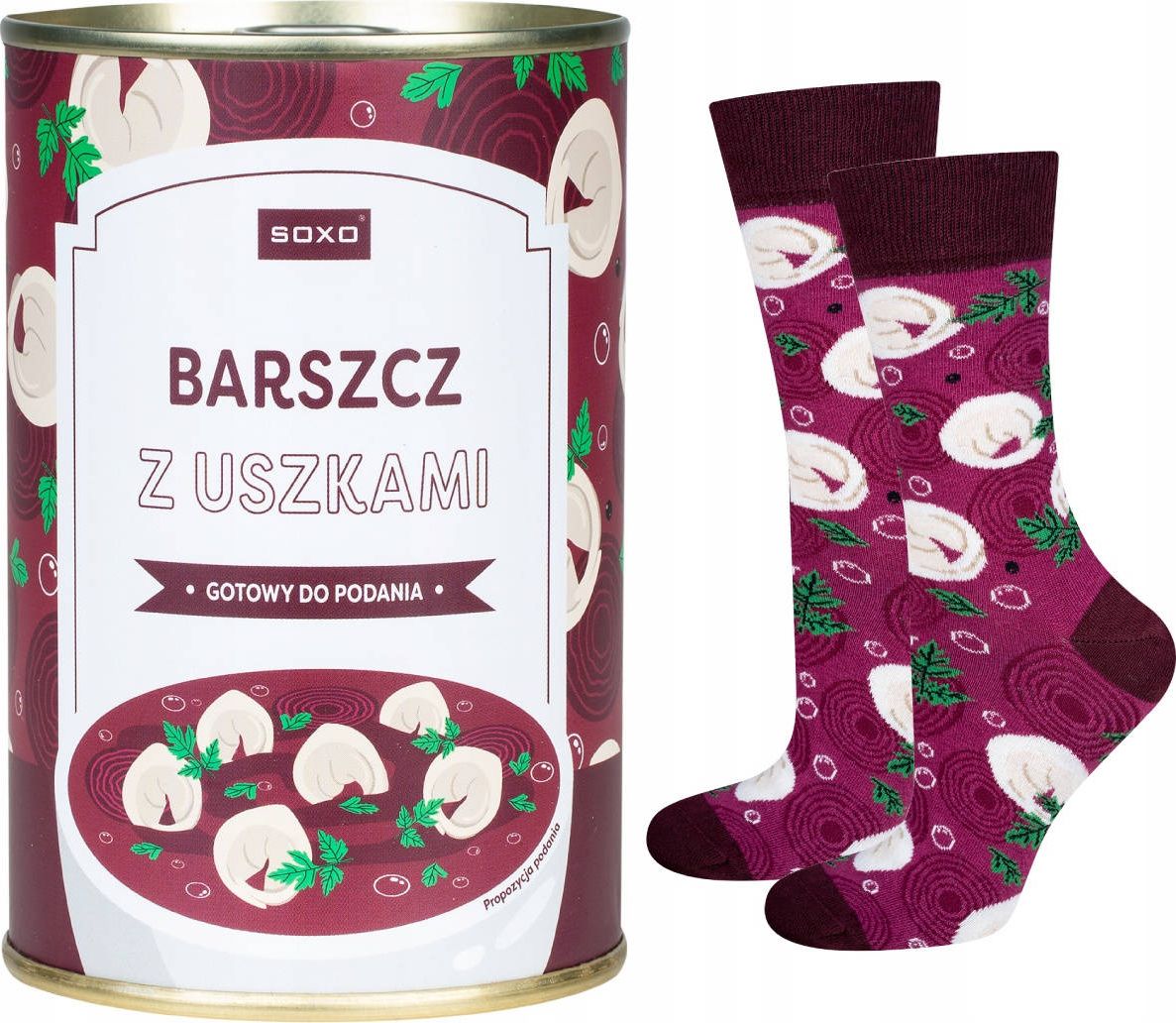 Soxo Skarpetki męskie kolorowe SOXO GOOD STUFF zabawne barszcz z uszkami w puszce + przepis w pojemniku 40-45