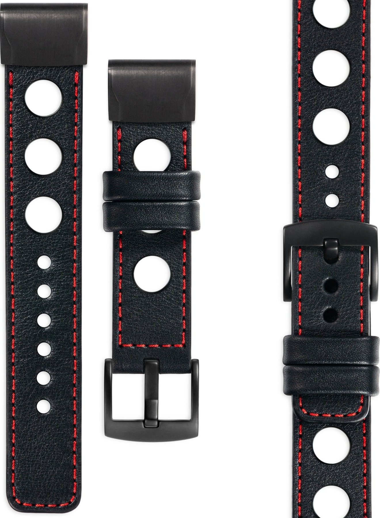 moVear moVear Prestige R1 Skórzany pasek do Garmin QuickFit 20mm (Fenix / Instinct - 42/40mm) | Czarny, czerwone przeszycie [rozmiar i klamra do wybor