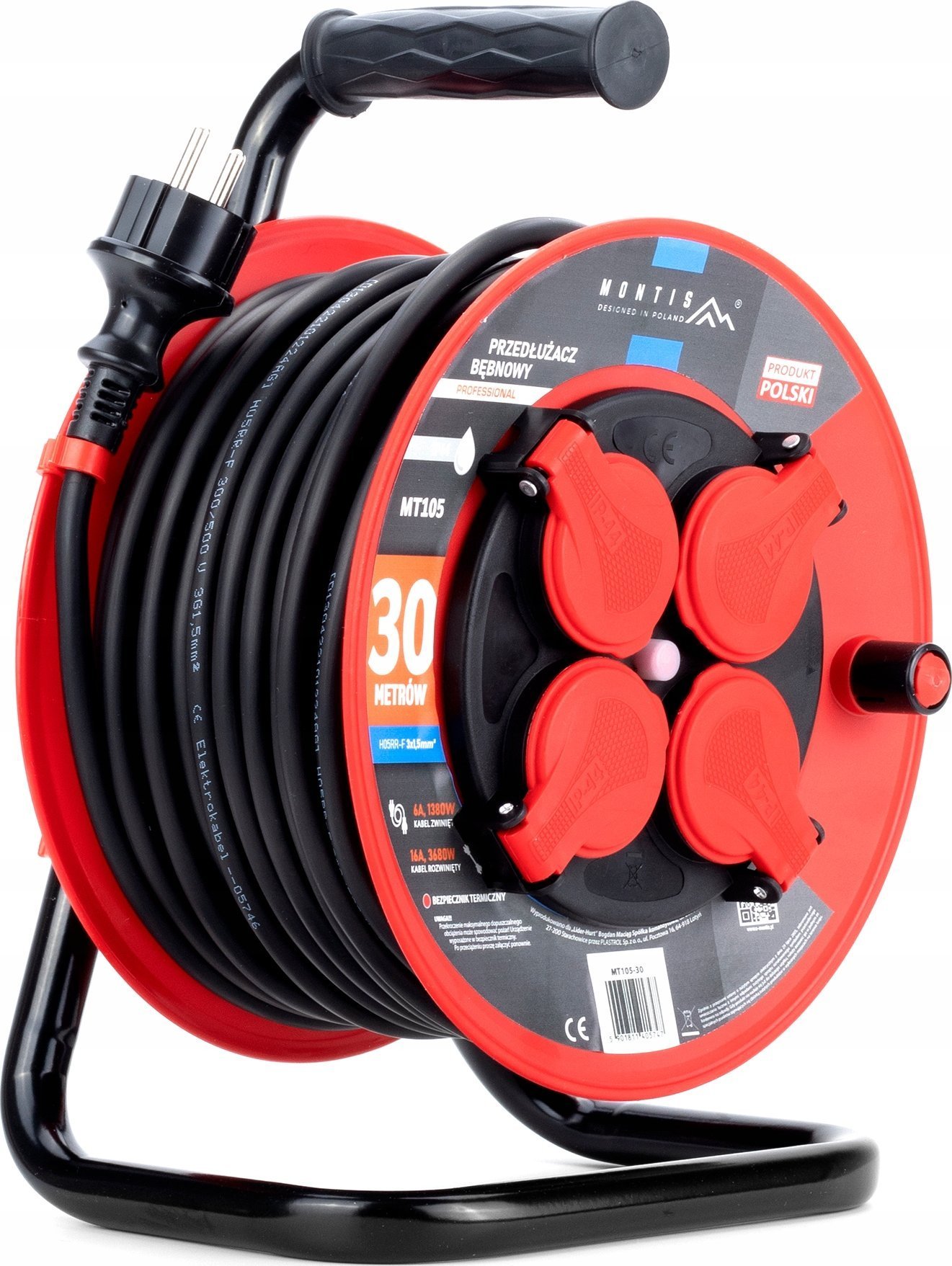 Montis Przedłużacz bębnowy PROFESSIONAL MT105-30 4x2p+Z IP44 16A 3680W 3x1,5 30m Montis czarny