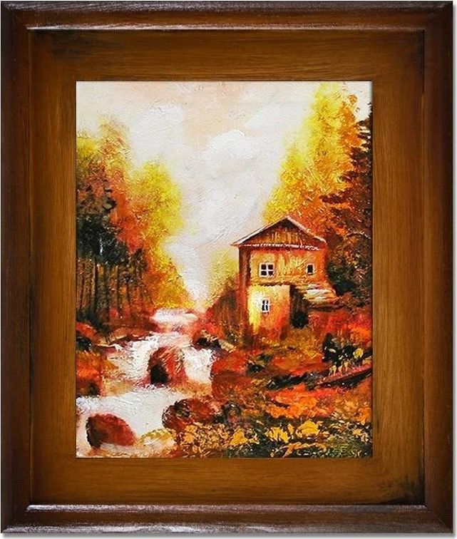 GO-BI Obraz Dworki, mlyny, chaty, ręcznie malowany 27x32cm uniwersalny