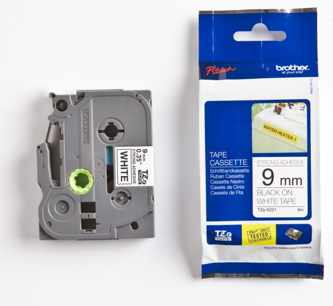 Brother 9mm BLACK ON WHITE ADHESIVE TAPE (TZeS221)