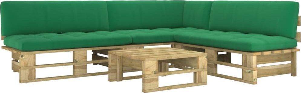 vidaXL 4-cz. zestaw wypoczynkowy z palet z zielonymi poduszkami, sosna
